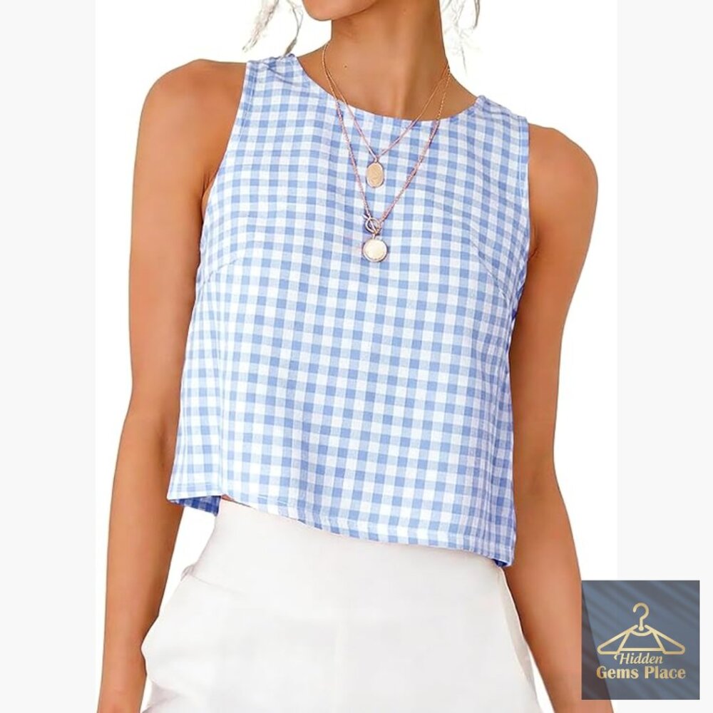 Gingham Crop Tank Top Sleeveless Casual Summer Cotton Blend